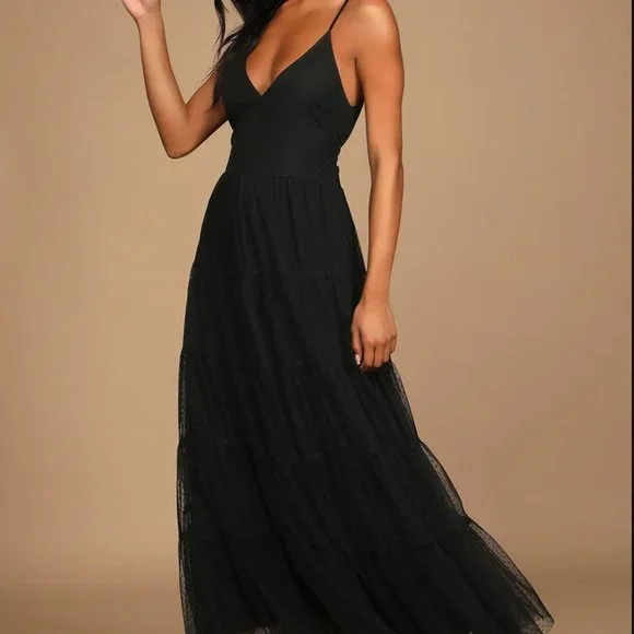 Made to be Magical Black Dotted Tie-Back Tiered Midi Dress - Picture 5 of 5